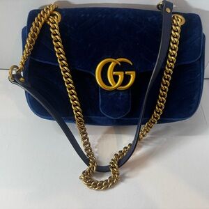 Gucci Navy Velvet Shoulder Bag with Gold Double G
